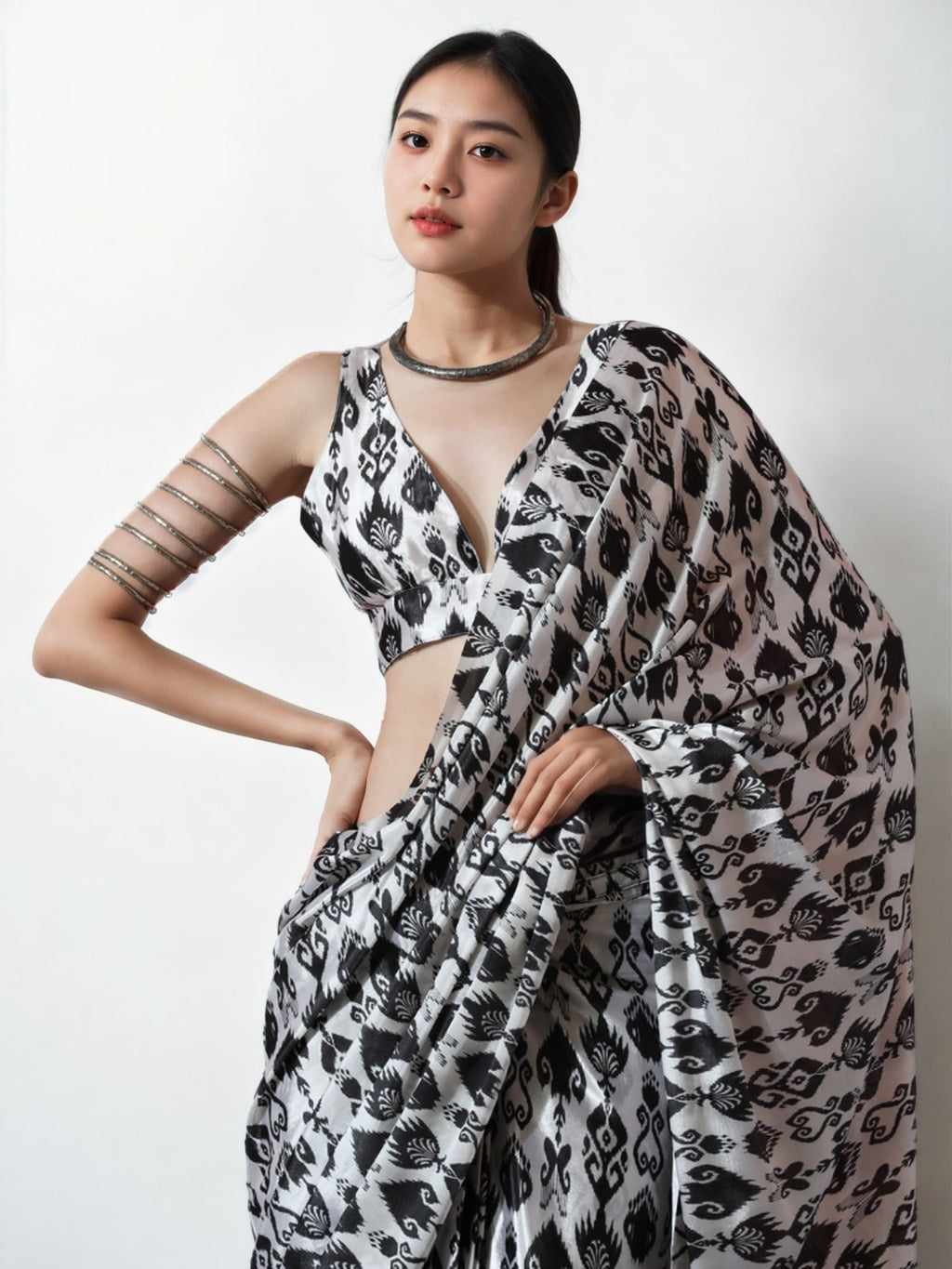 Jyoti Fashion Women's Black Chinon Digital Printed Ready To Wear Saree with Blouse