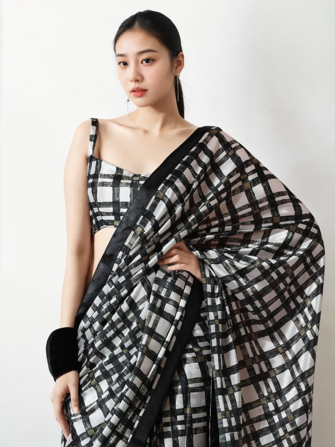 Jyoti Fashion Women's Black Chinon Digital Printed Ready To Wear Saree with Blouse