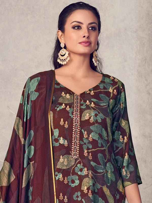 Jyoti Fashion Women's Maroon Pure Pashmina Digital Print with Jacquard Woven Kurta with Trouser & Dupatta
