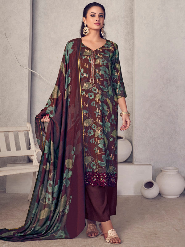 Jyoti Fashion Women's Maroon Pure Pashmina Digital Print with Jacquard Woven Kurta with Trouser & Dupatta