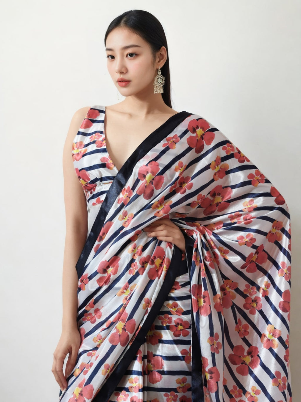 Jyoti Fashion Women's Multicolor Chinon Digital Printed Ready To Wear Saree with Blouse