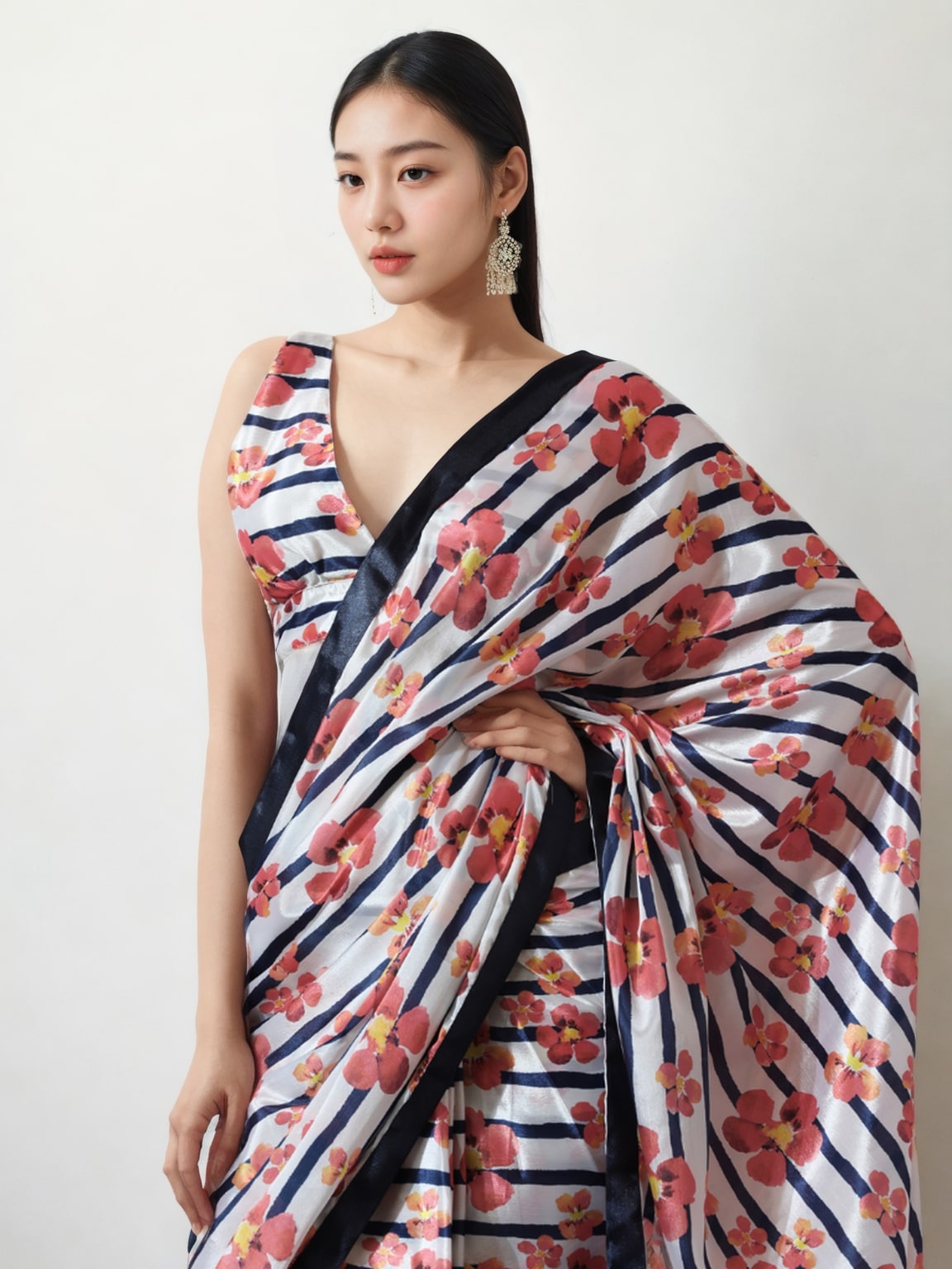 Jyoti Fashion Women's Multicolor Chinon Digital Printed Ready To Wear Saree with Blouse
