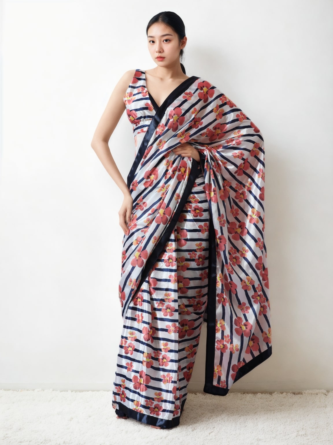 Jyoti Fashion Women's Multicolor Chinon Digital Printed Ready To Wear Saree with Blouse