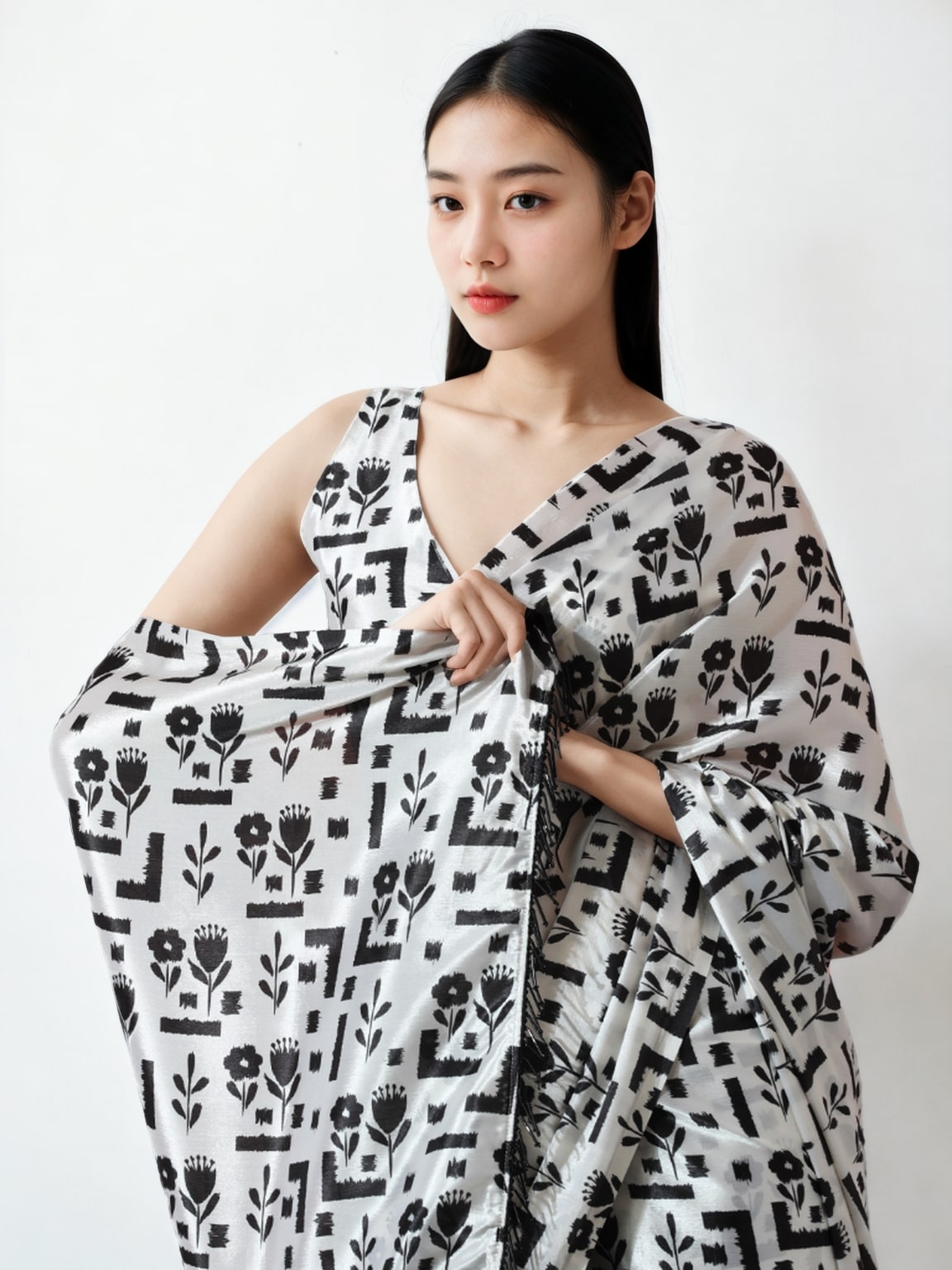 Jyoti Fashion Women's Black Chinon Digital Printed Ready To Wear Saree with Blouse