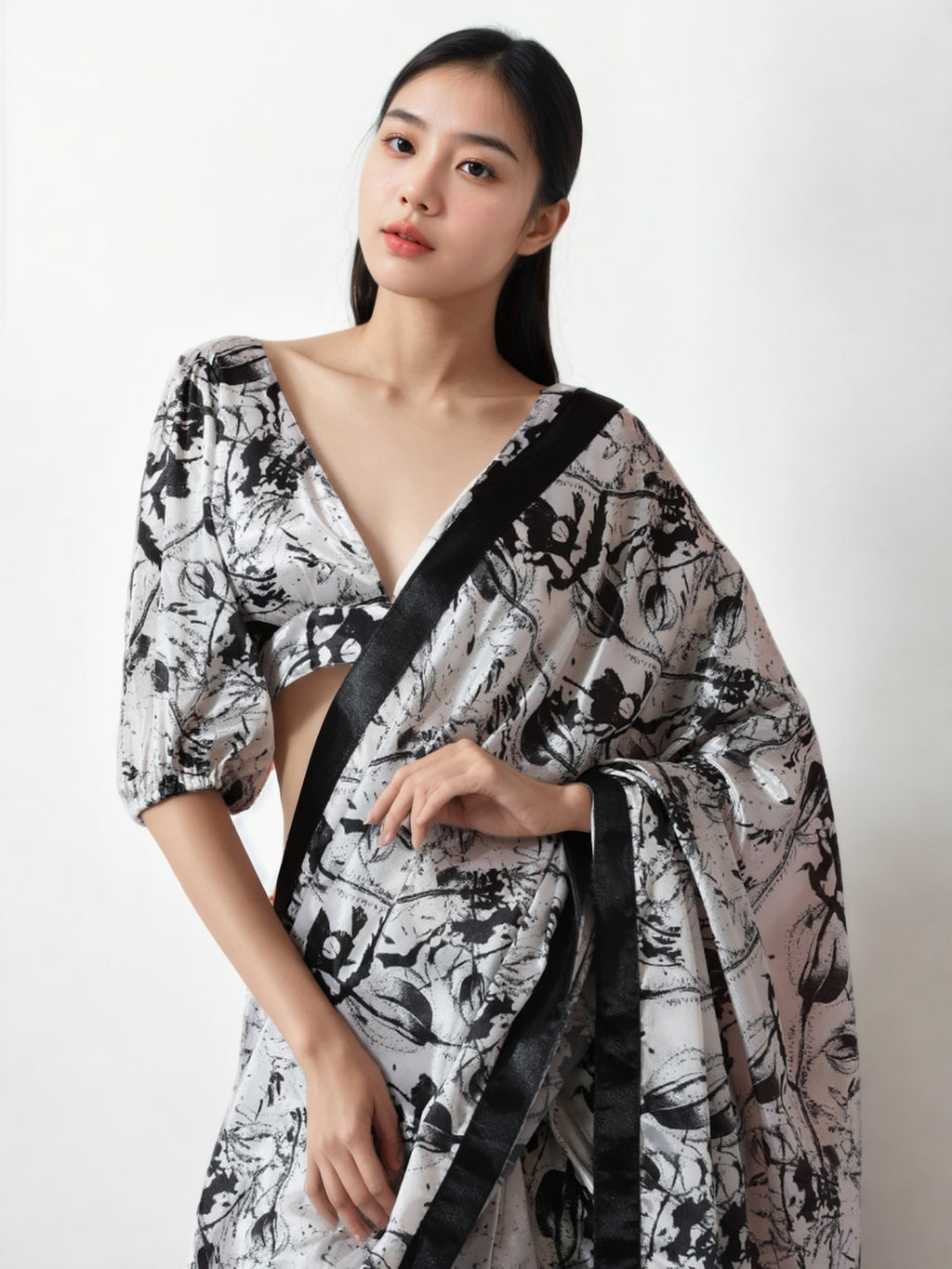 Jyoti Fashion Women's Black Chinon Digital Printed Ready To Wear Saree with Blouse