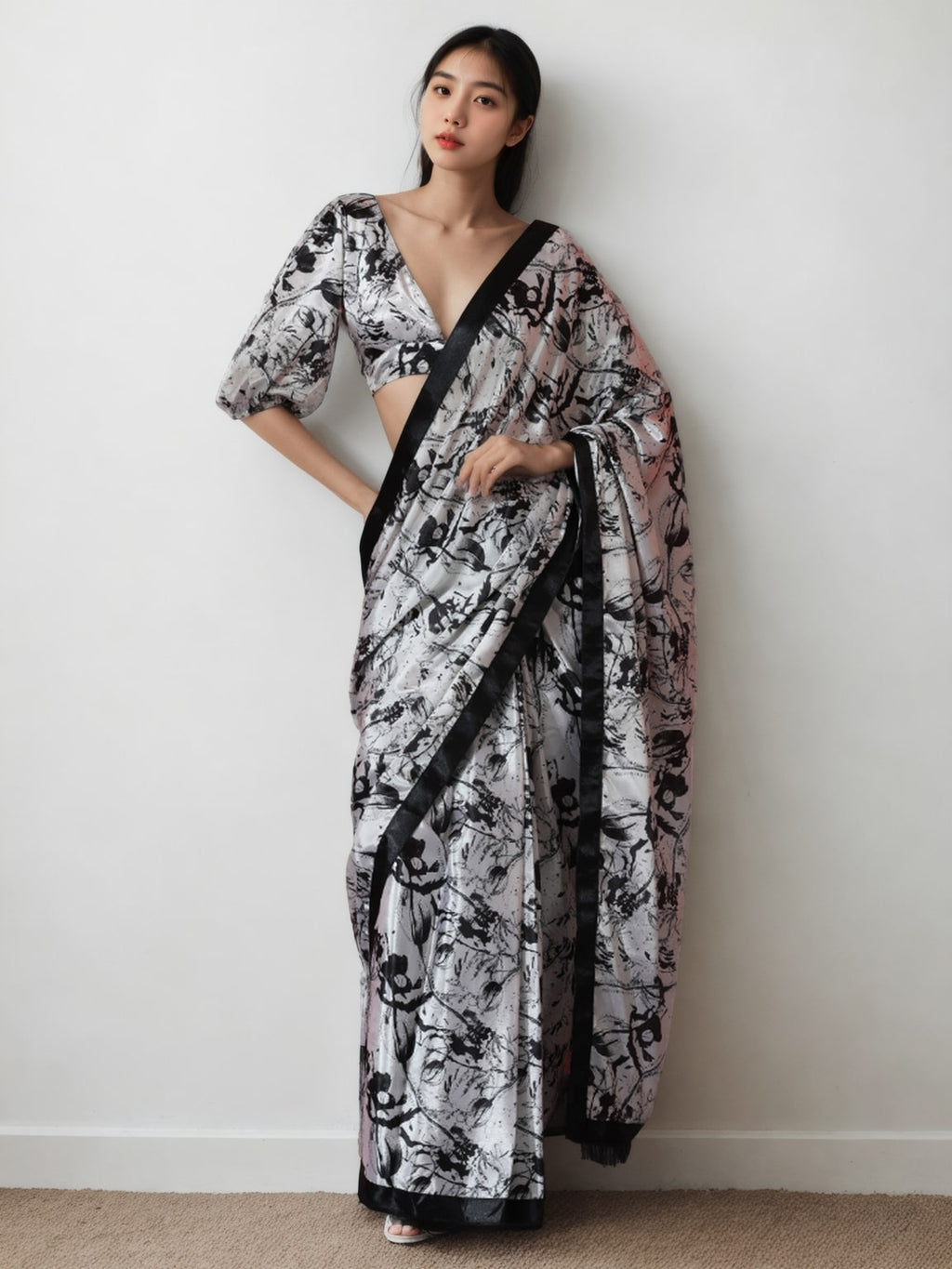 Jyoti Fashion Women's Black Chinon Digital Printed Ready To Wear Saree with Blouse