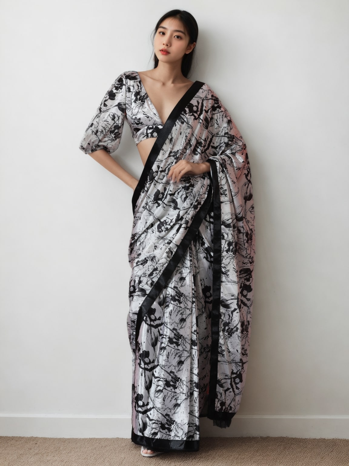 Jyoti Fashion Women's Black Chinon Digital Printed Ready To Wear Saree with Blouse