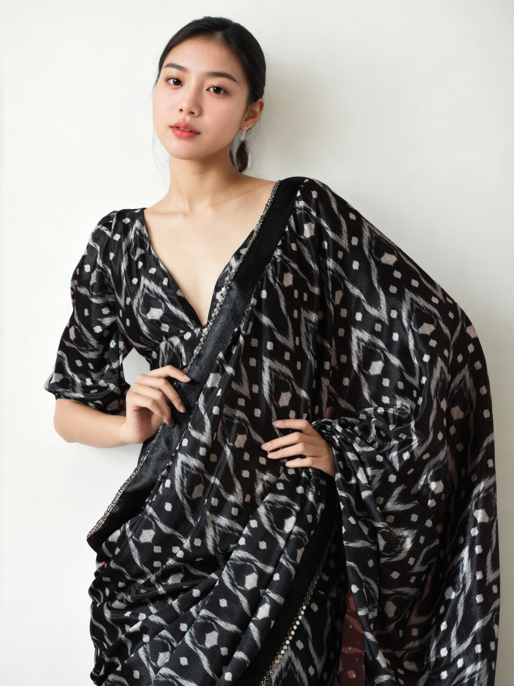 Jyoti Fashion Women's Black Chinon Digital Printed Ready To Wear Saree with Blouse