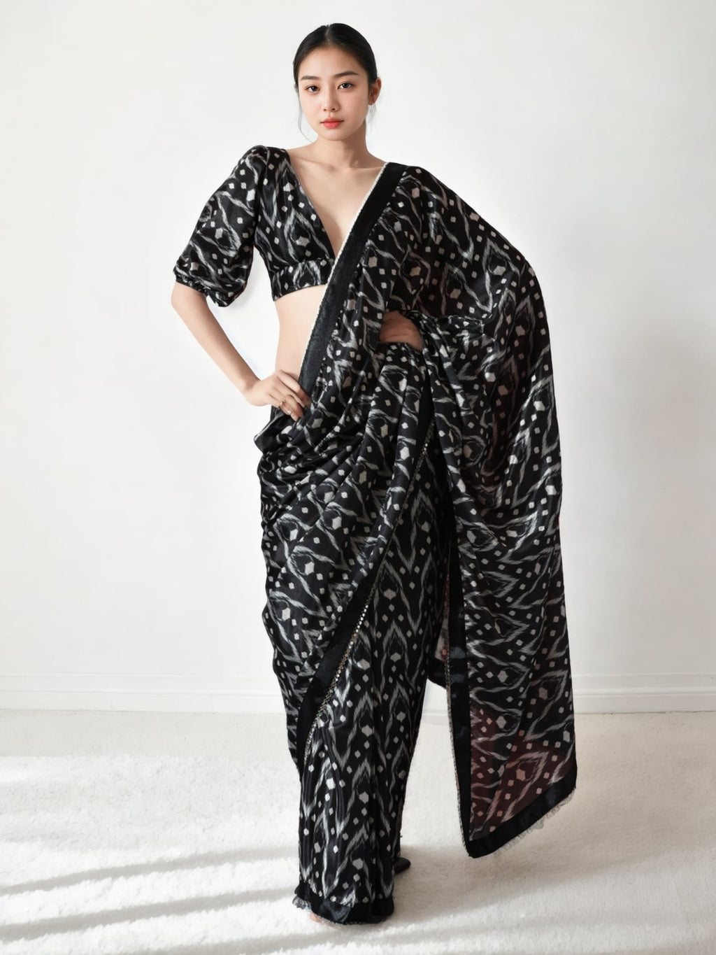 Jyoti Fashion Women's Black Chinon Digital Printed Ready To Wear Saree with Blouse
