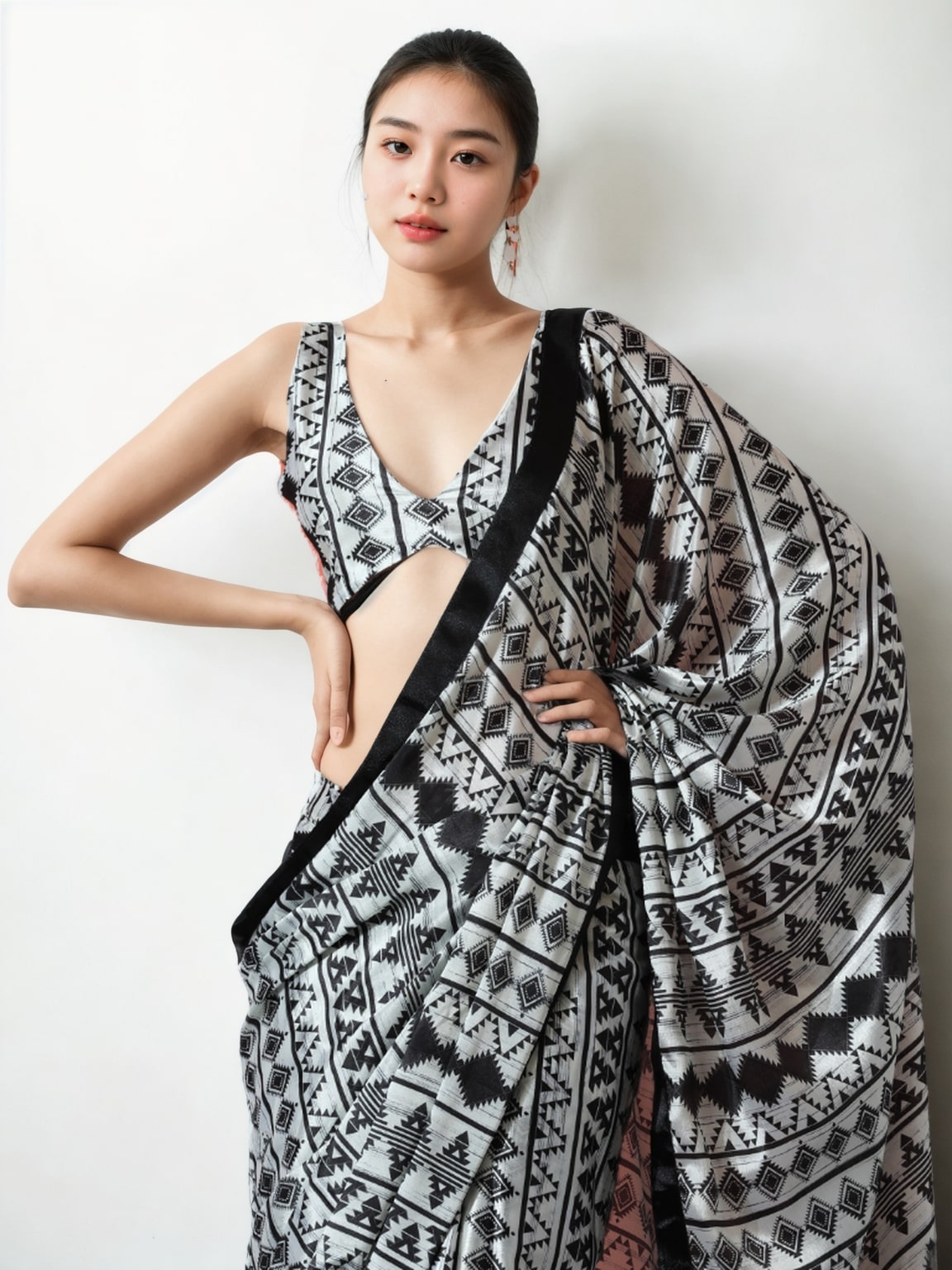 Jyoti Fashion Women's Black Chinon Digital Printed Ready To Wear Saree with Blouse