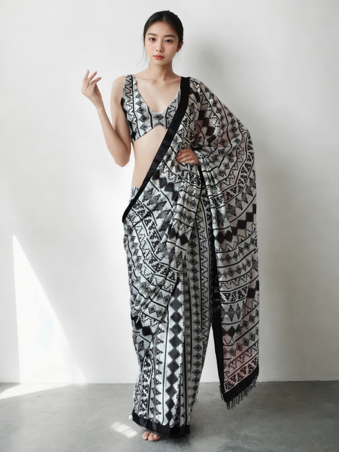 Jyoti Fashion Women's Black Chinon Digital Printed Ready To Wear Saree with Blouse