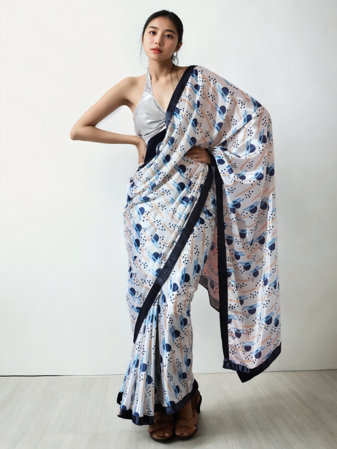 Jyoti Fashion Women's Multicolor Chinon Digital Printed Ready To Wear Saree with Blouse