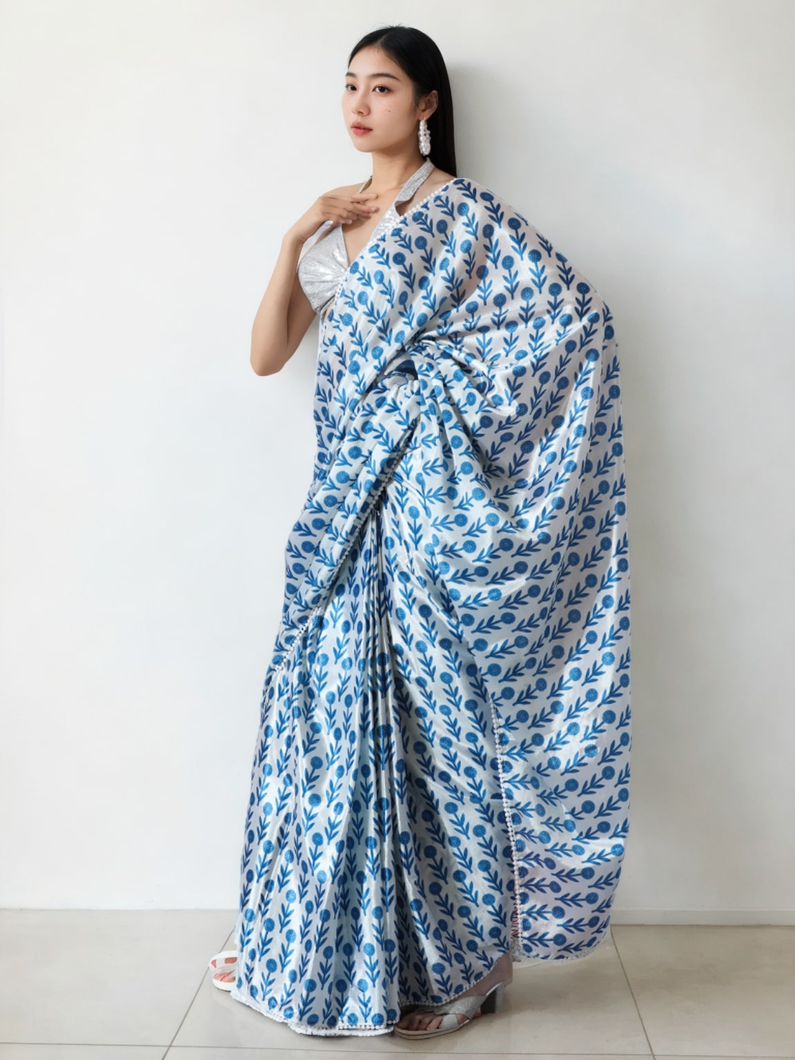 Jyoti Fashion Women's Sky Blue Chinon Digital Printed Ready To Wear Saree with Blouse