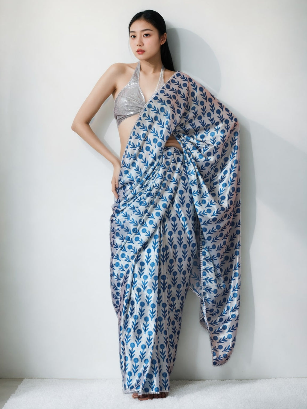 Jyoti Fashion Women's Sky Blue Chinon Digital Printed Ready To Wear Saree with Blouse