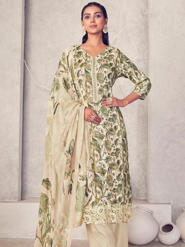 Jyoti Fashion Women's Cream Pure Pashmina Digital Print with Jacquard Woven Kurta with Trouser & Dupatta