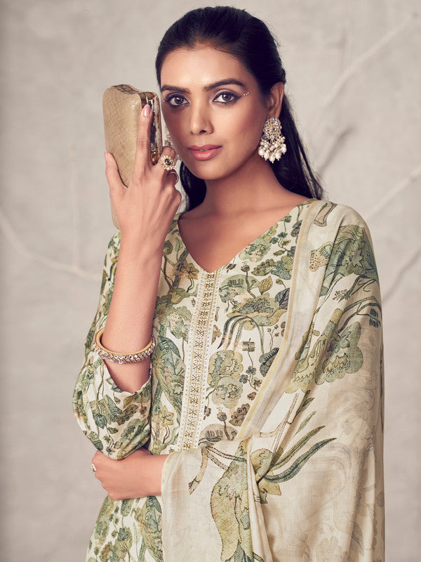 Jyoti Fashion Women's Cream Pure Pashmina Digital Print with Jacquard Woven Kurta with Trouser & Dupatta