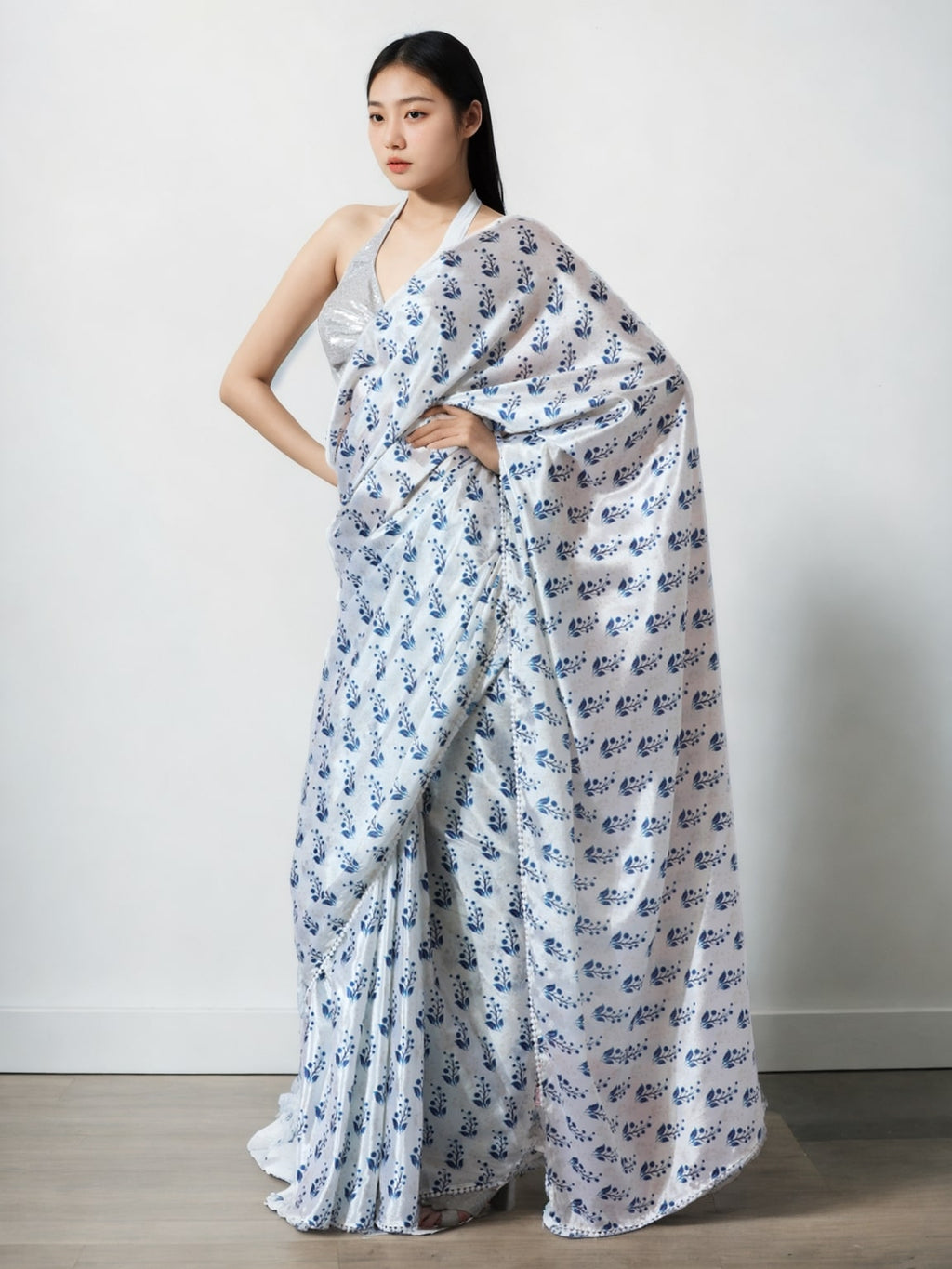 Jyoti Fashion Women's Blue Chinon Digital Printed Ready To Wear Saree with Blouse