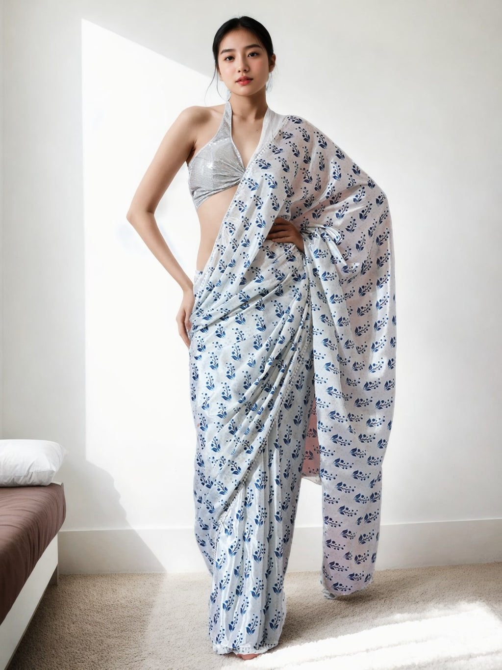 Jyoti Fashion Women's Blue Chinon Digital Printed Ready To Wear Saree with Blouse