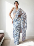 Jyoti Fashion Women's Blue Chinon Digital Printed Ready To Wear Saree with Blouse