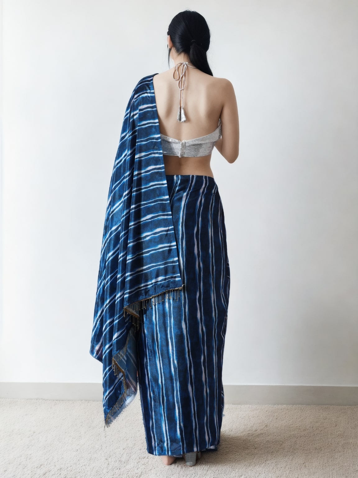 Jyoti Fashion Women's Navy Blue Chinon Digital Printed Ready To Wear Saree with Blouse