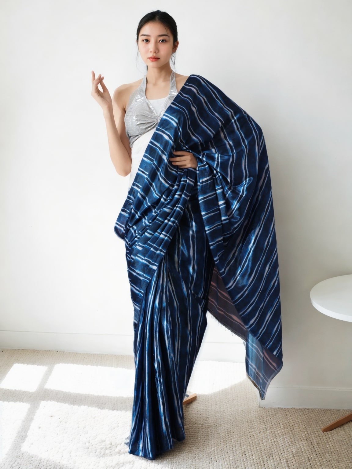 Jyoti Fashion Women's Navy Blue Chinon Digital Printed Ready To Wear Saree with Blouse