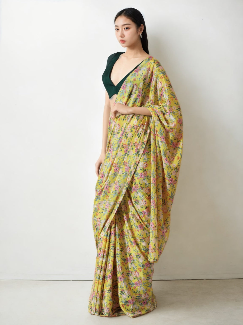 Jyoti Fashion Women's Mehendi Chinon Digital Printed Ready To Wear Saree with Blouse