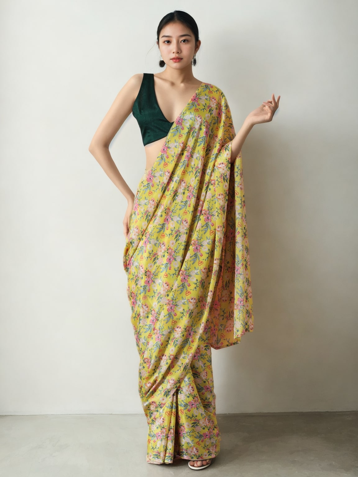 Jyoti Fashion Women's Mehendi Chinon Digital Printed Ready To Wear Saree with Blouse