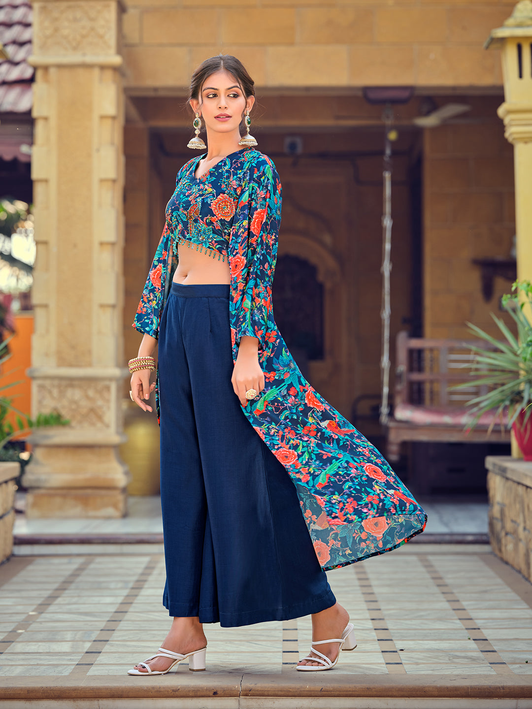 Jyoti Fashion Women's Teal Silk Print with Hand Work Indo Western Kurta Set