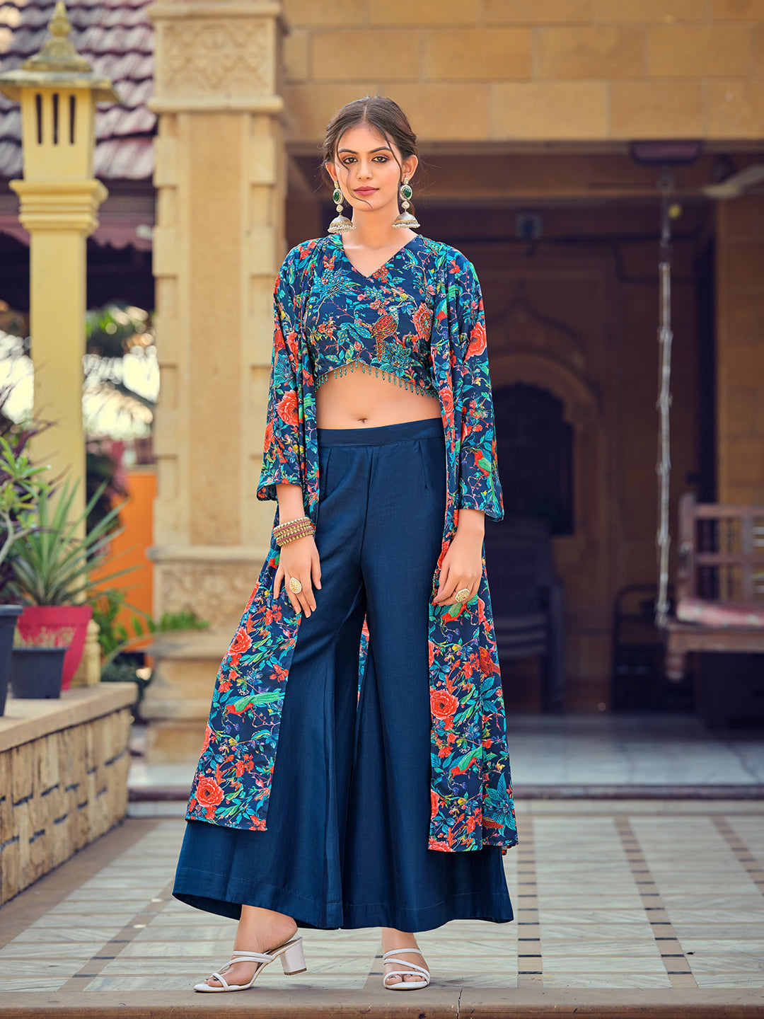Jyoti Fashion Women's Teal Silk Print with Hand Work Indo Western Kurta Set