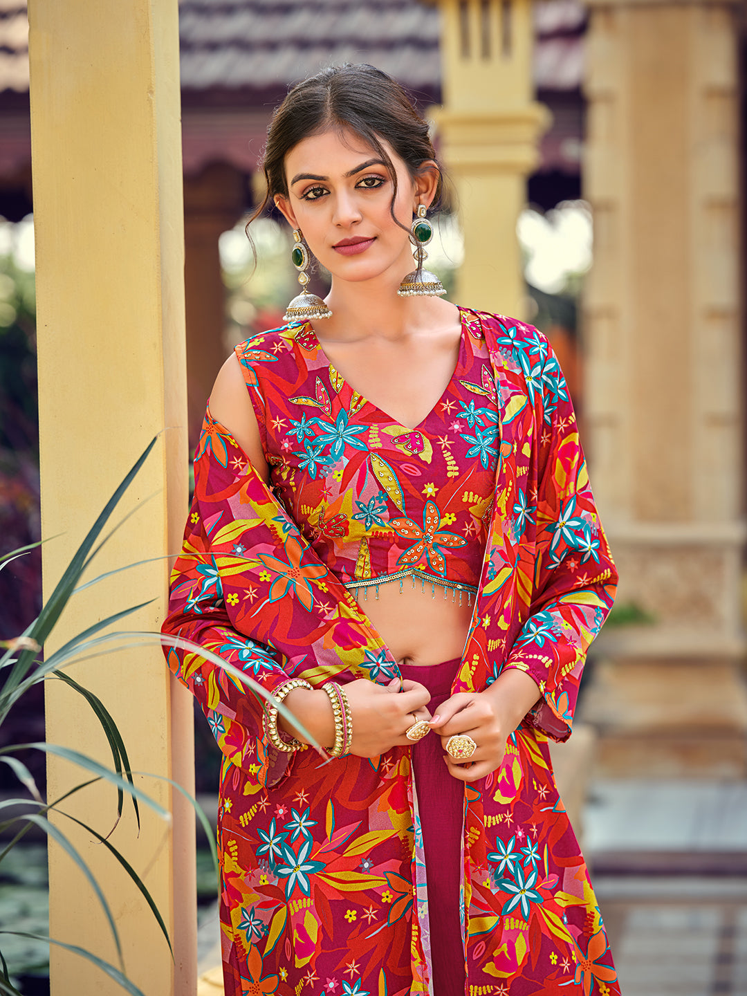 Jyoti Fashion Women's Pink Silk Print with Hand Work Indo Western Kurta Set