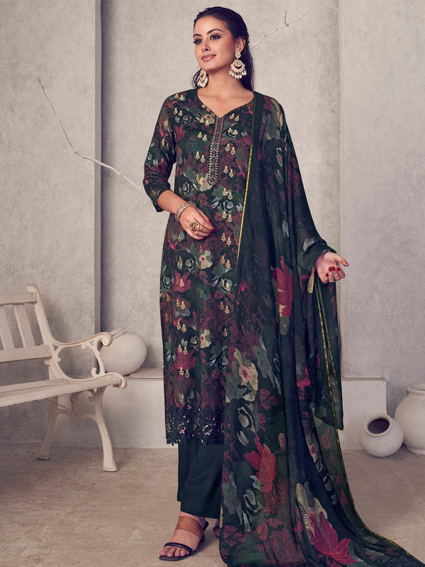 Jyoti Fashion Women's Black Pure Pashmina Digital Print with Jacquard Woven Kurta with Trouser & Dupatta