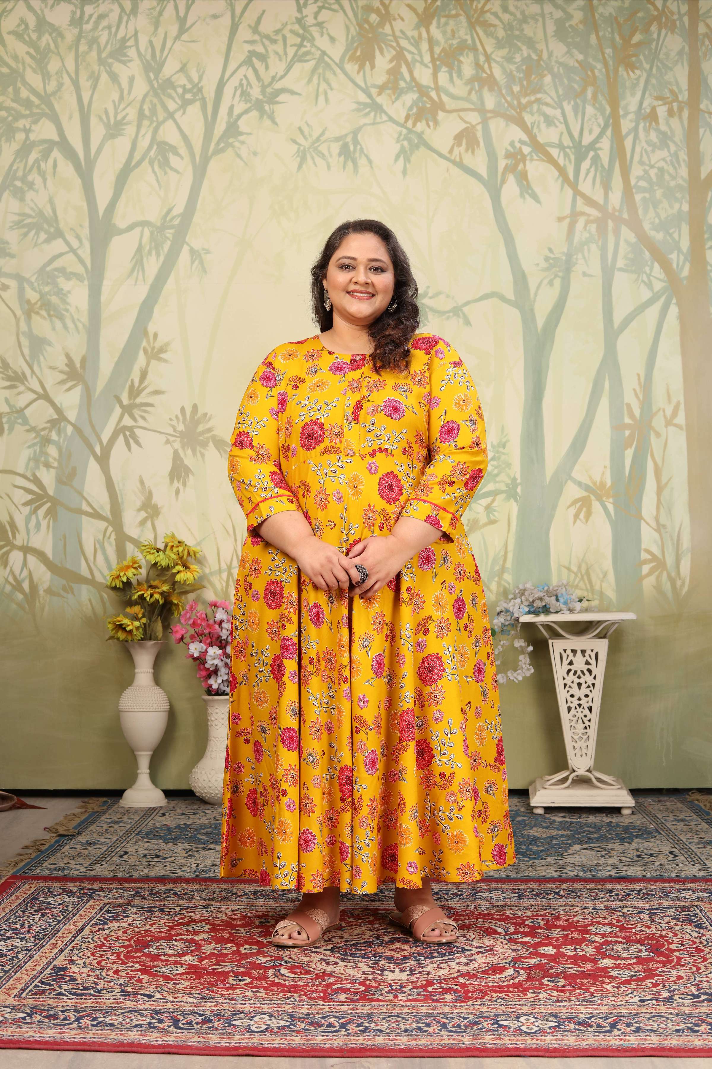 Jyoti Fashion Women's Yellow Rayon Floral Print with Sequins Designer Anarkali Set