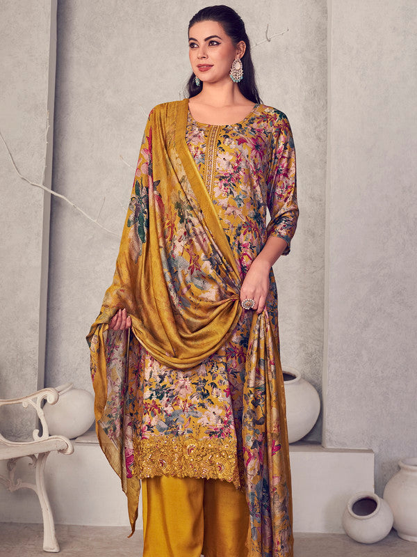 Jyoti Fashion Women's Mustard Pure Pashmina Digital Print with Jacquard Woven Kurta with Trouser & Dupatta