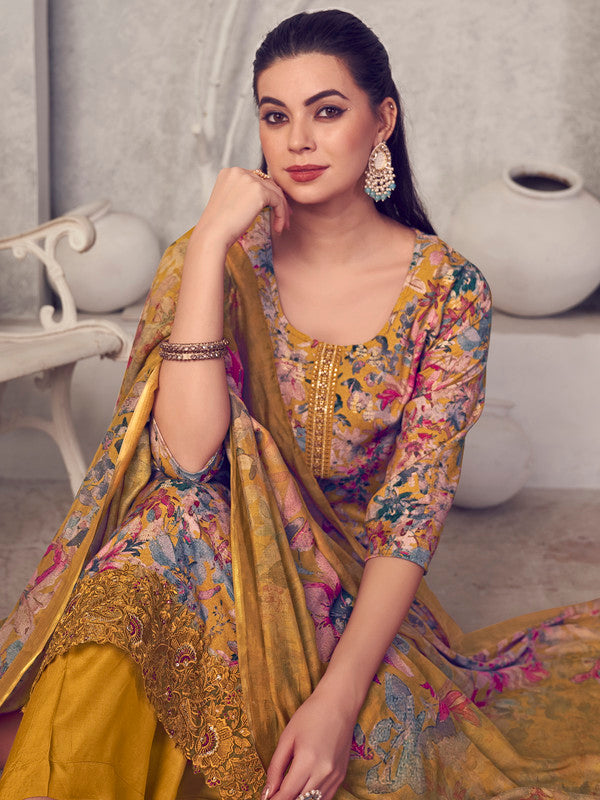 Jyoti Fashion Women's Mustard Pure Pashmina Digital Print with Jacquard Woven Kurta with Trouser & Dupatta