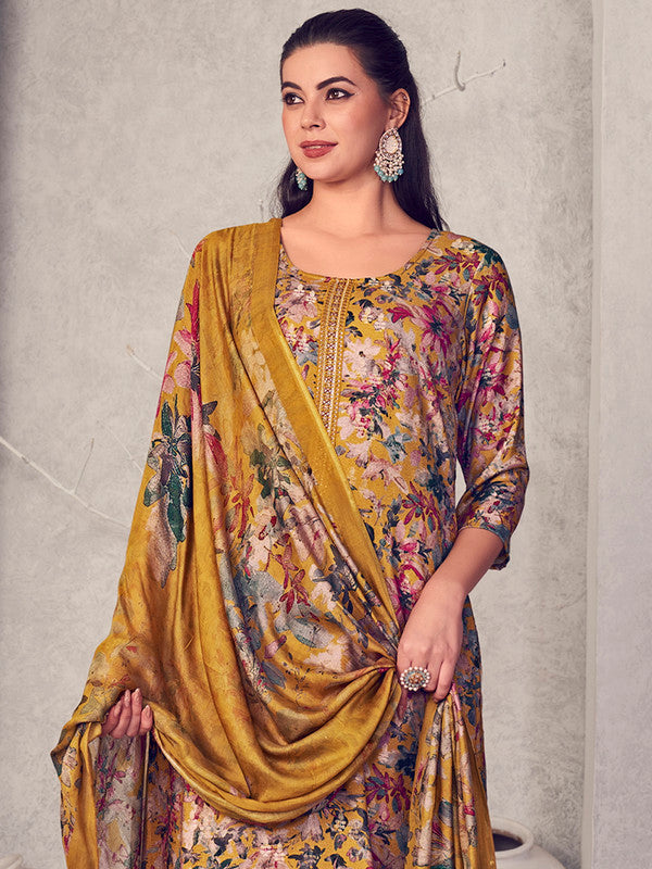 Jyoti Fashion Women's Mustard Pure Pashmina Digital Print with Jacquard Woven Kurta with Trouser & Dupatta