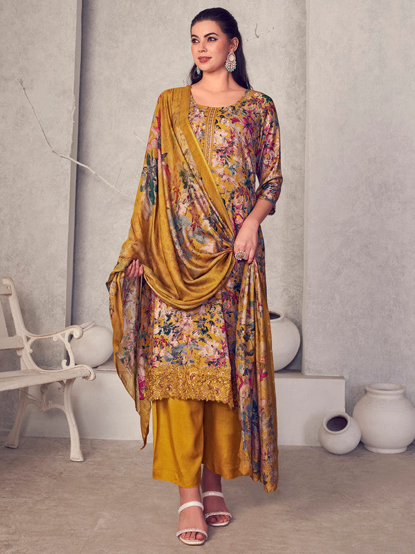 Jyoti Fashion Women's Mustard Pure Pashmina Digital Print with Jacquard Woven Kurta with Trouser & Dupatta