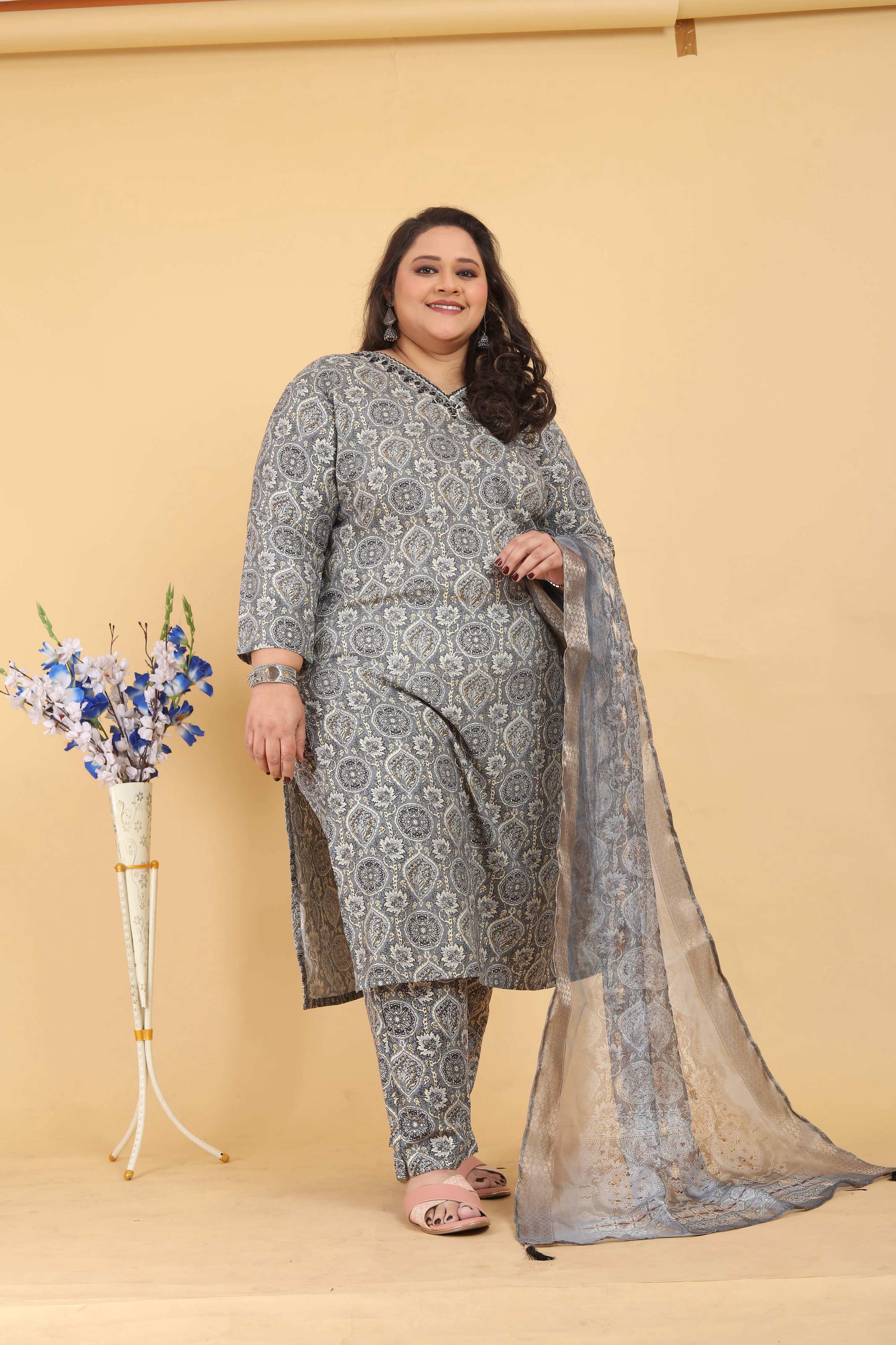 Jyoti Fashion Women's Grey Rayon Digital Print with Handwork Kurta Set