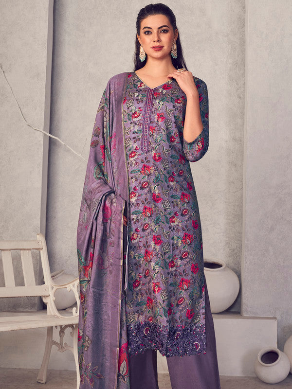 Jyoti Fashion Women's Purple Pure Pashmina Digital Print with Jacquard Woven Kurta with Trouser & Dupatta