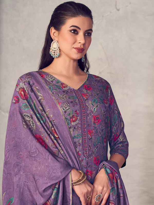 Jyoti Fashion Women's Purple Pure Pashmina Digital Print with Jacquard Woven Kurta with Trouser & Dupatta