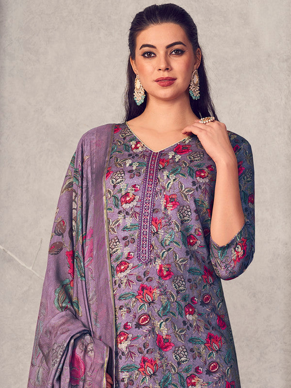 Jyoti Fashion Women's Purple Pure Pashmina Digital Print with Jacquard Woven Kurta with Trouser & Dupatta