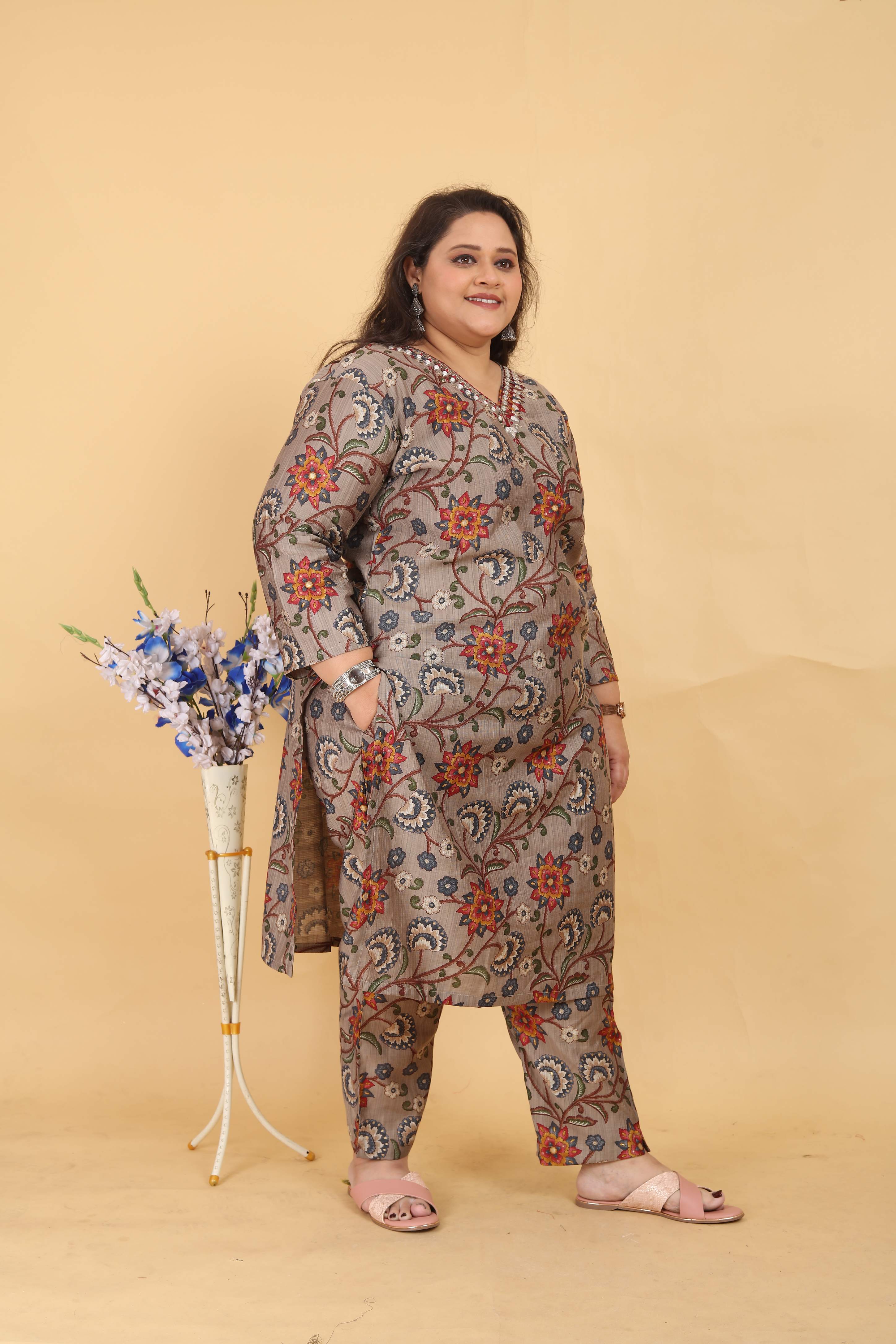 Jyoti Fashion Women's Grey Lichi Viscose Digital Print with Handwork Kurta Set