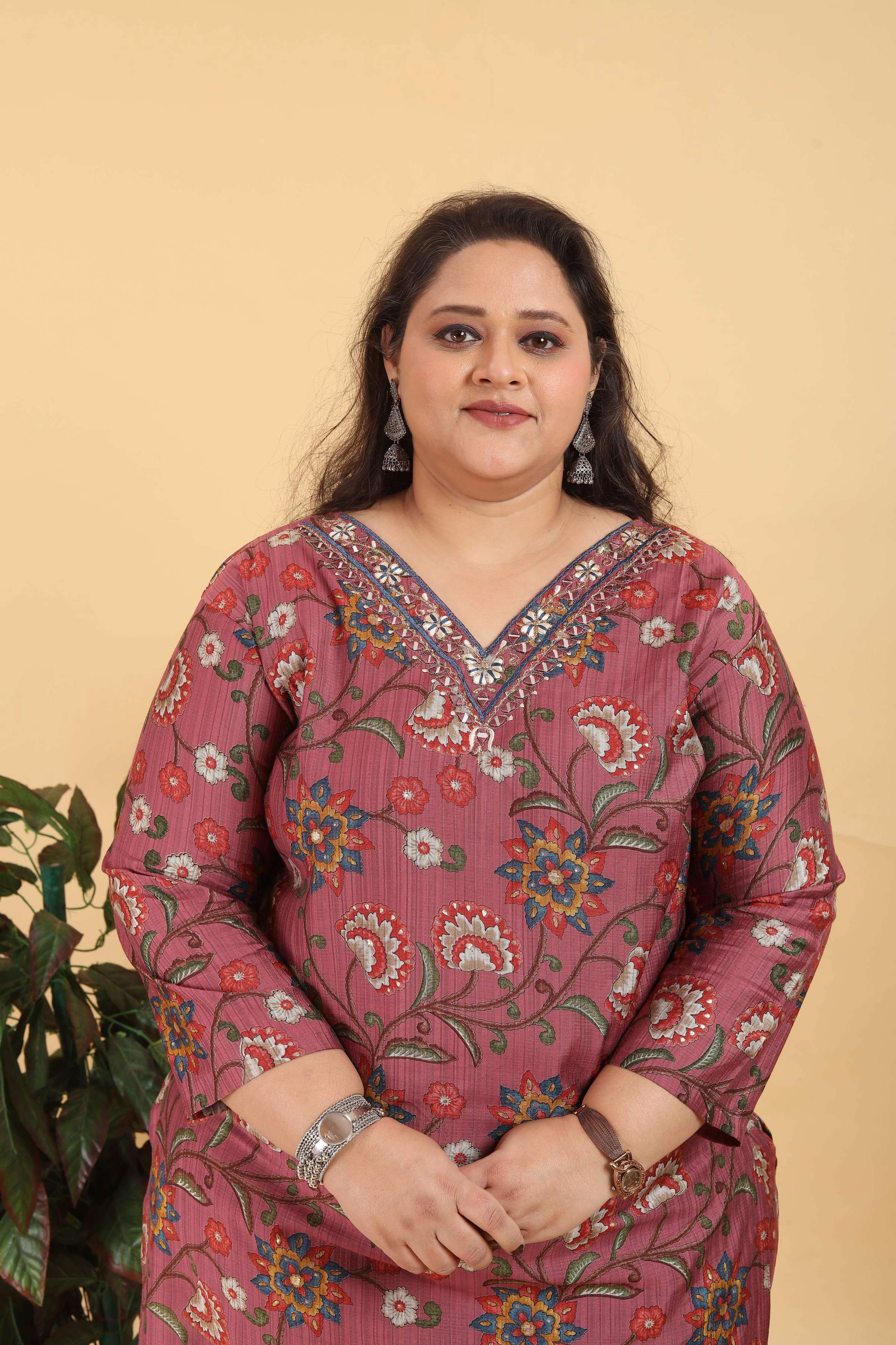 Jyoti Fashion Women's Brown Lichi Viscose Digital Print with Handwork Kurta Set