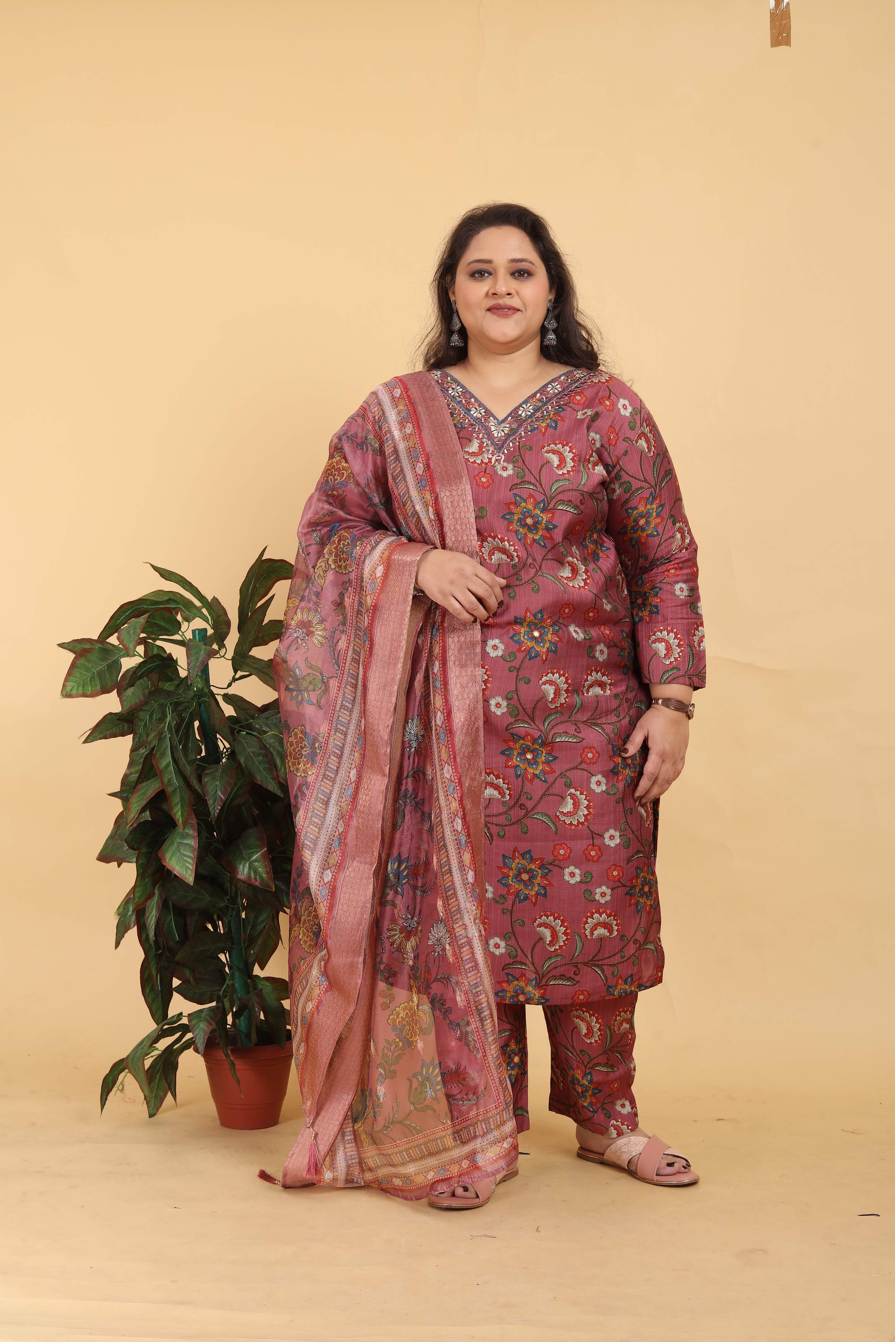 Jyoti Fashion Women's Brown Lichi Viscose Digital Print with Handwork Kurta Set