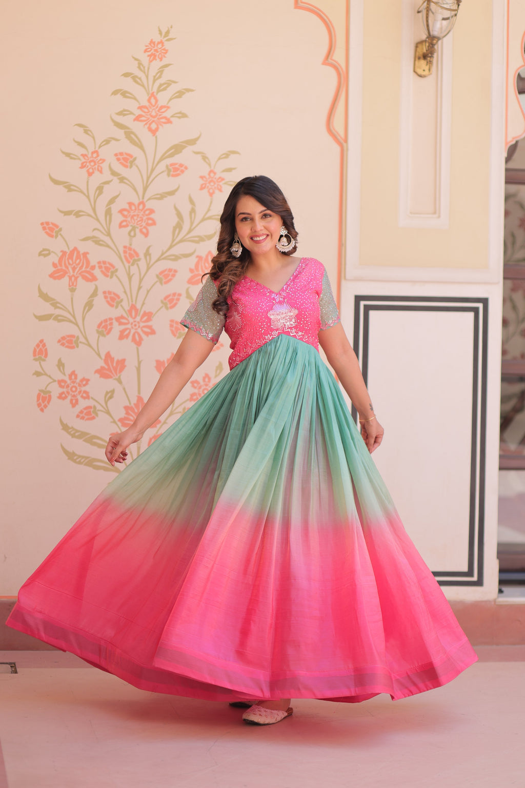 Jyoti Fashion Women's Pink Gold Crush Embroidered Designer Anarkali Set