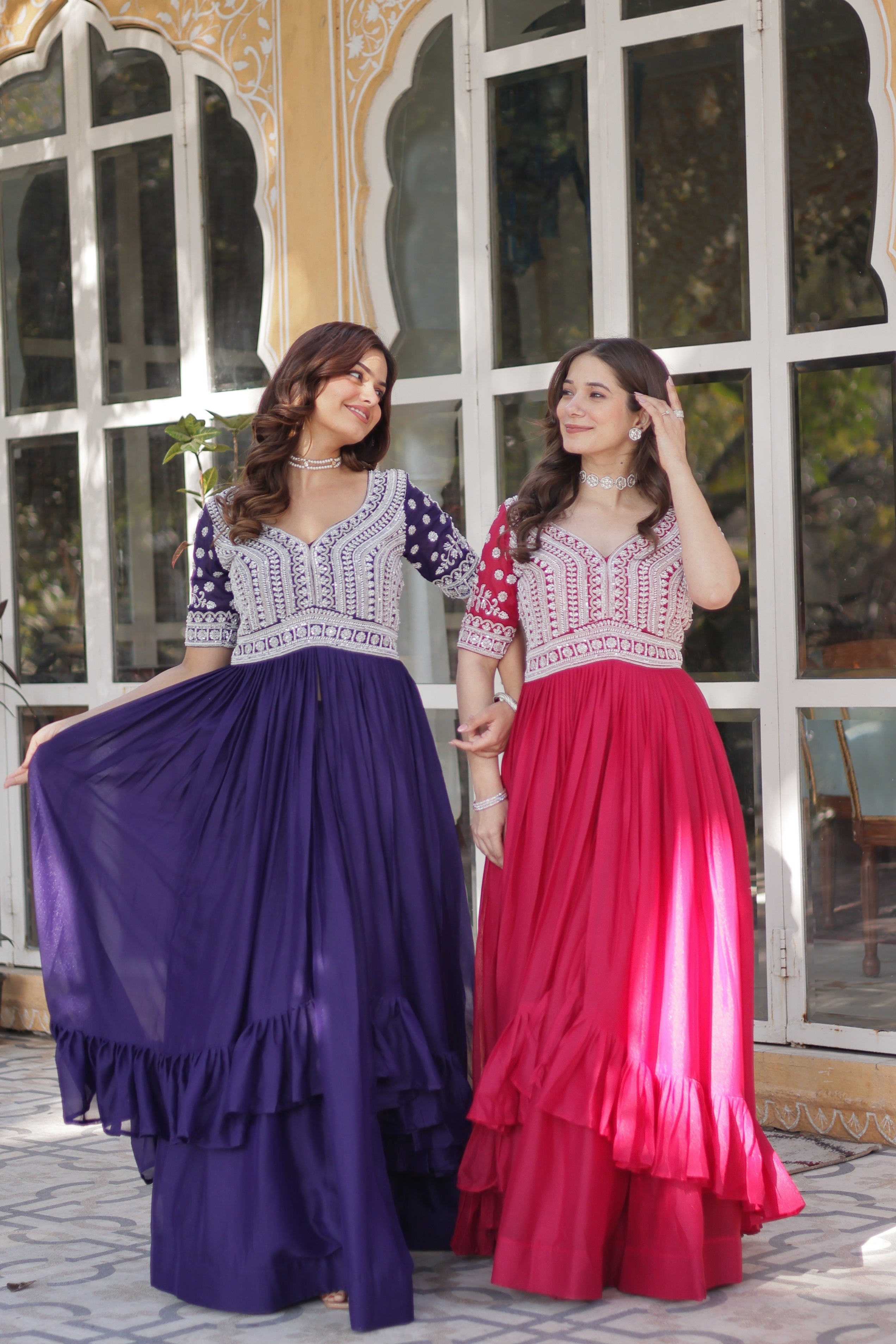 Jyoti Fashion Women's Purple with Pink Star Georgette Embroidered Combo Anarkali Set With Bottom