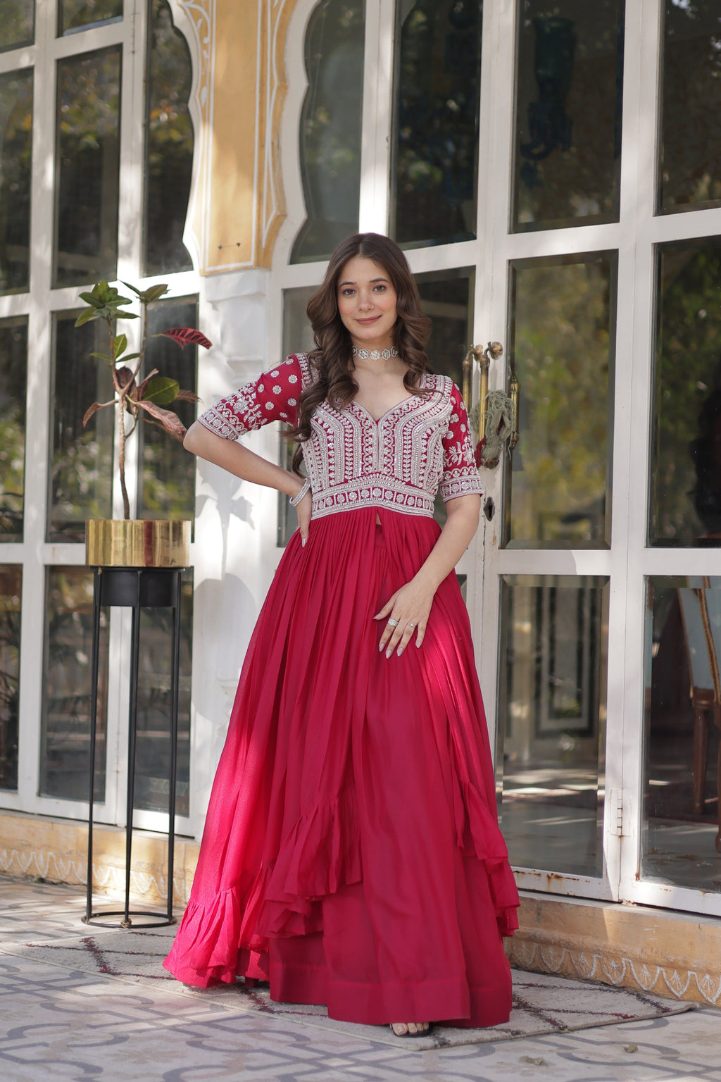 Jyoti Fashion Women's Pink Star Georgette Embroidered Anarkali Set With Bottom