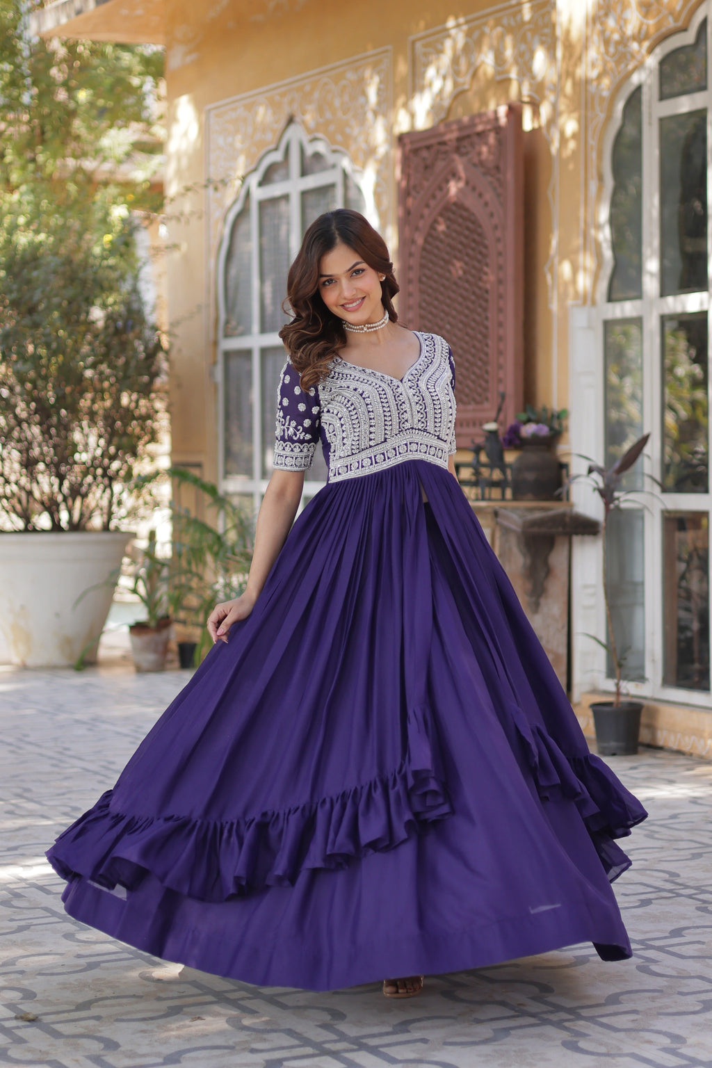Jyoti Fashion Women's Purple Star Georgette Embroidered Anarkali Set With Bottom