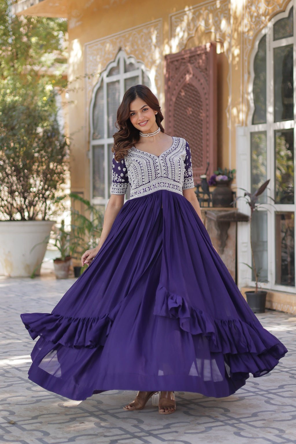 Jyoti Fashion Women's Purple Star Georgette Embroidered Anarkali Set With Bottom