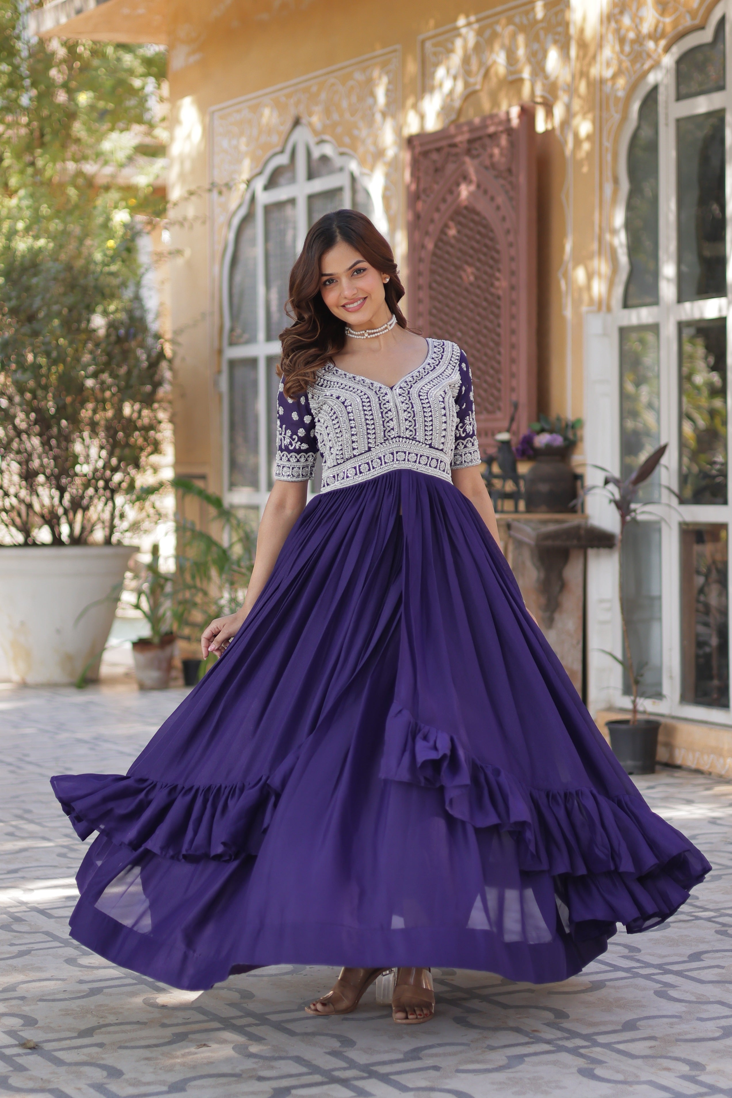 Jyoti Fashion Women's Purple Star Georgette Embroidered Anarkali Set With Bottom