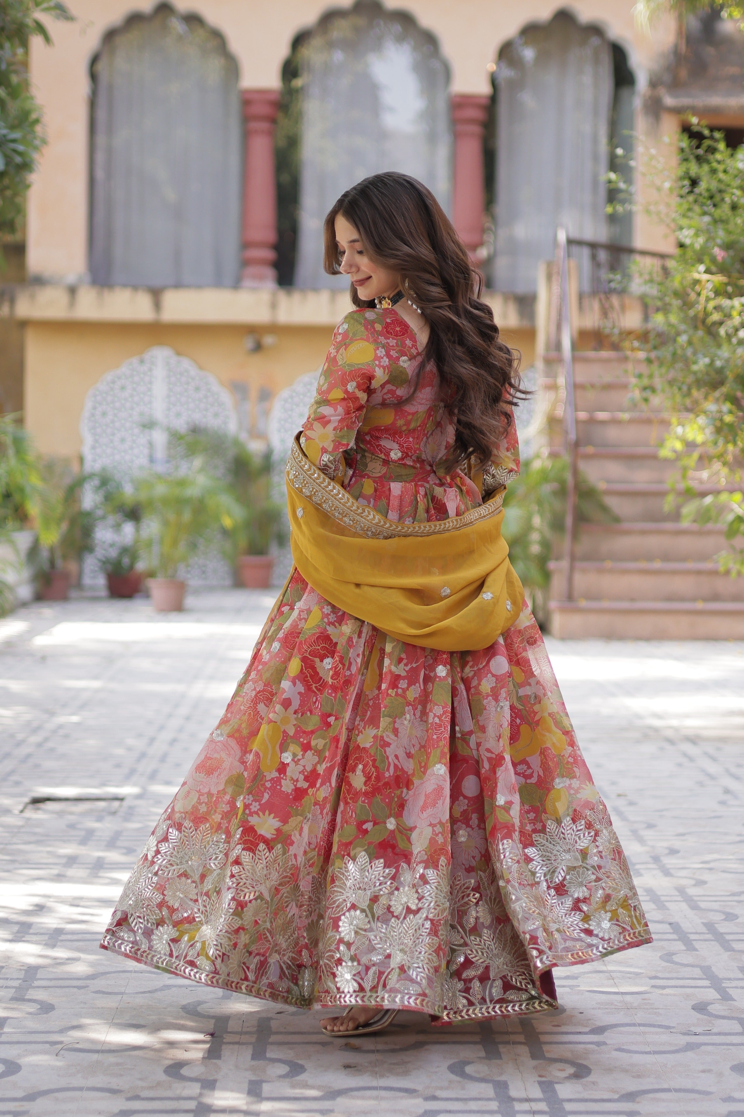 Jyoti Fashion Women's Red Russian Silk Foil Print with Sequence Embroidered Anarkali Set With Dupatta
